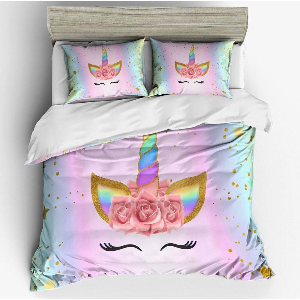 3D Unicorn Bedding Set, Rainbow Floral Full Duvet Cover and Pillowcase